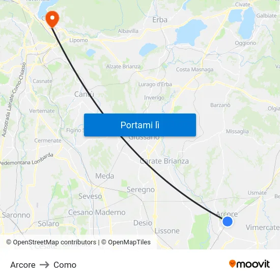 Arcore to Como map