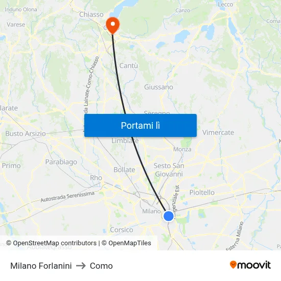 Milano Forlanini to Como map