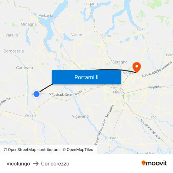 Vicolungo to Concorezzo map