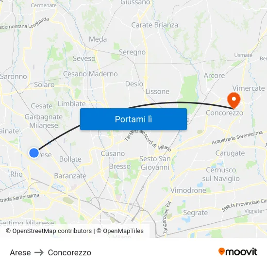 Arese to Concorezzo map