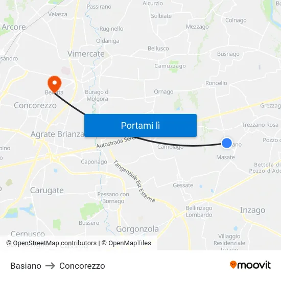 Basiano to Concorezzo map