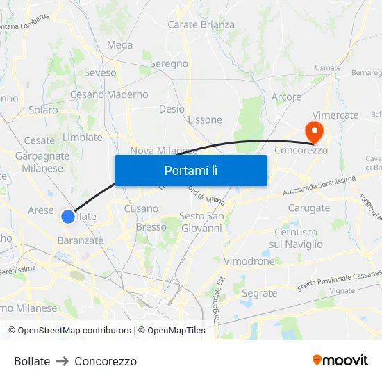 Bollate to Concorezzo map