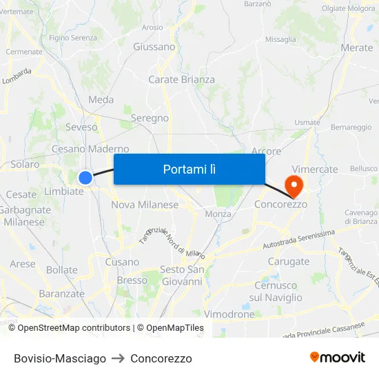 Bovisio-Masciago to Concorezzo map