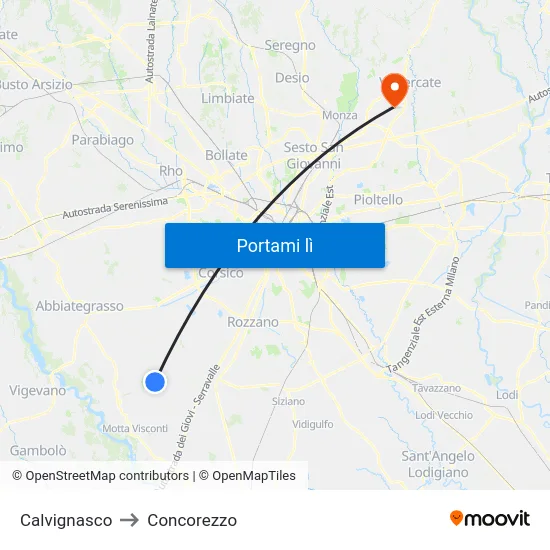 Calvignasco to Concorezzo map
