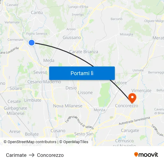 Carimate to Concorezzo map