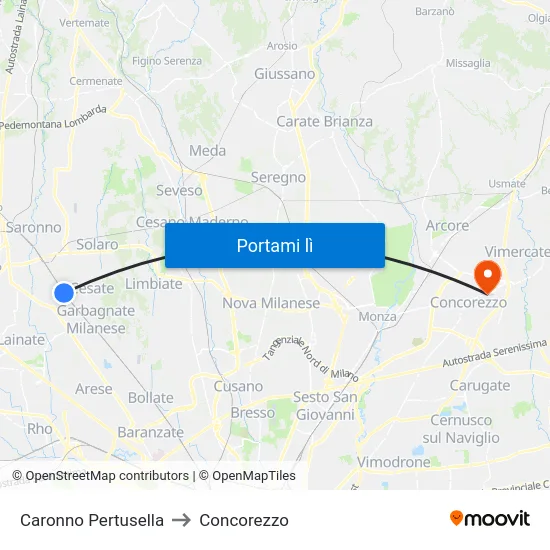 Caronno Pertusella to Concorezzo map