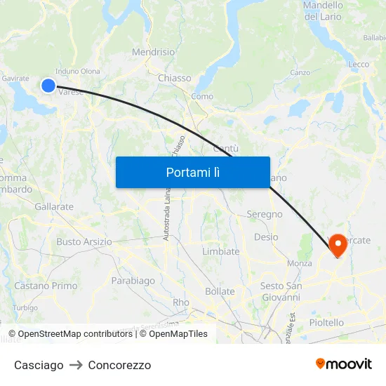 Casciago to Concorezzo map