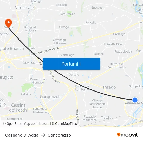 Cassano D' Adda to Concorezzo map