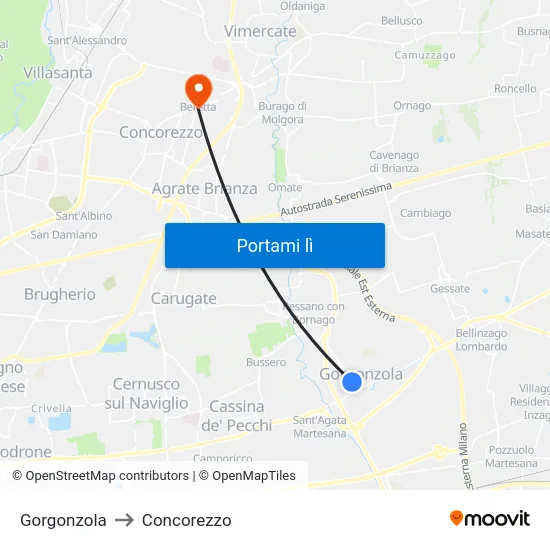 Gorgonzola to Concorezzo map