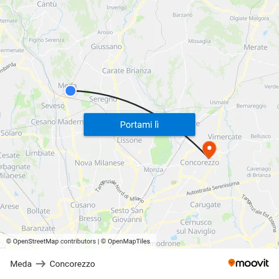 Meda to Concorezzo map