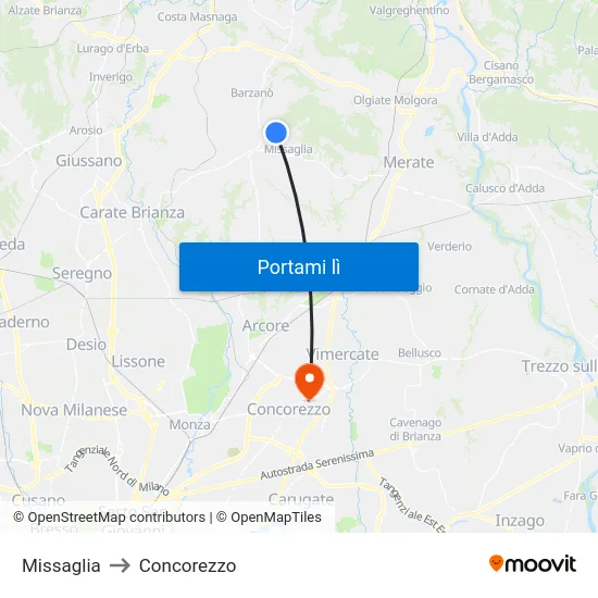 Missaglia to Concorezzo map
