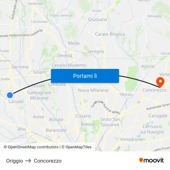 Origgio to Concorezzo map