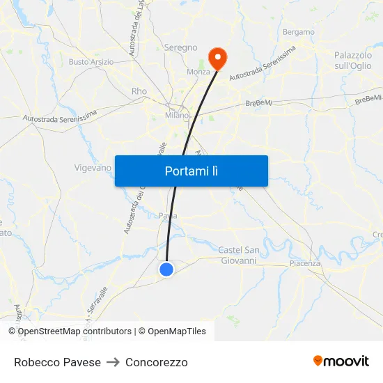Robecco Pavese to Concorezzo map