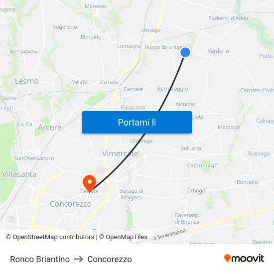Ronco Briantino to Concorezzo map