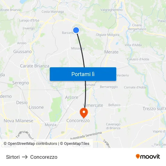 Sirtori to Concorezzo map