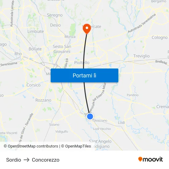 Sordio to Concorezzo map