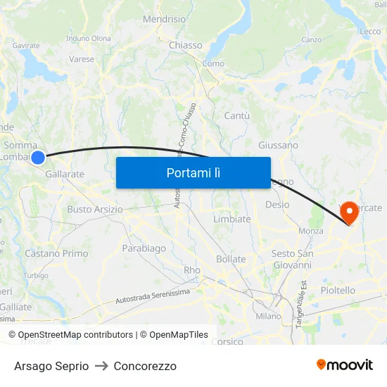 Arsago Seprio to Concorezzo map