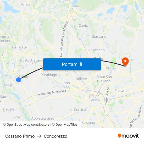 Castano Primo to Concorezzo map