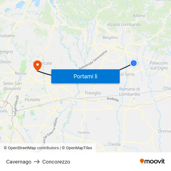Cavernago to Concorezzo map