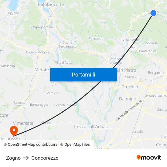 Zogno to Concorezzo map