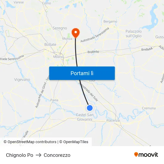 Chignolo Po to Concorezzo map