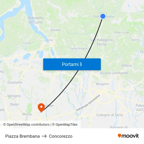 Piazza Brembana to Concorezzo map