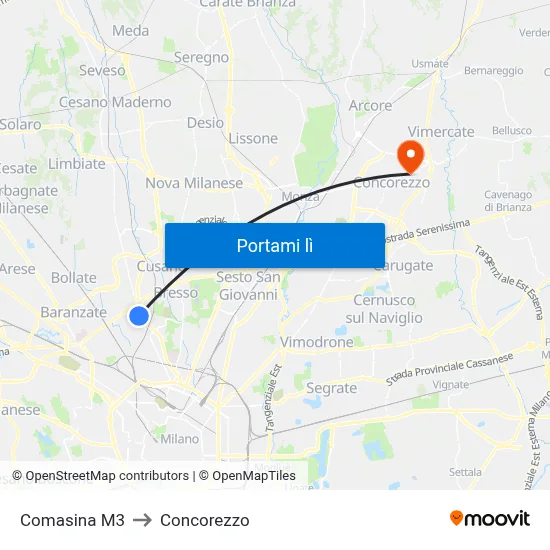 Comasina M3 to Concorezzo map