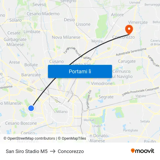 San Siro Stadio M5 to Concorezzo map