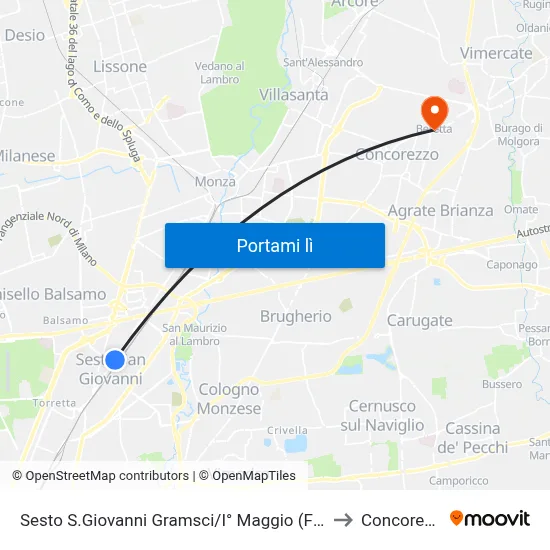 Sesto S.Giovanni Gramsci/I° Maggio (Fs/M1) to Concorezzo map