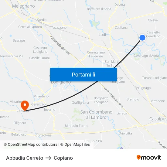 Abbadia Cerreto to Copiano map
