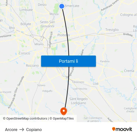 Arcore to Copiano map