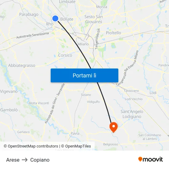 Arese to Copiano map