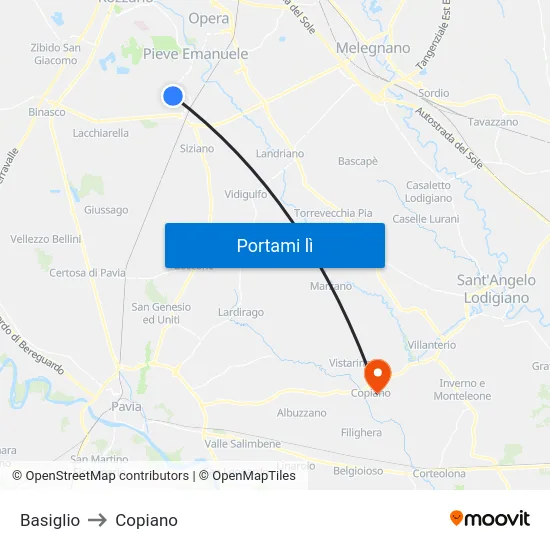 Basiglio to Copiano map