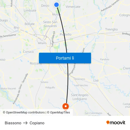 Biassono to Copiano map