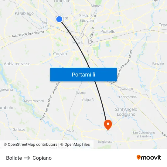 Bollate to Copiano map