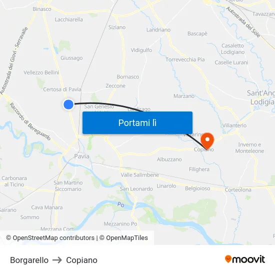 Borgarello to Copiano map