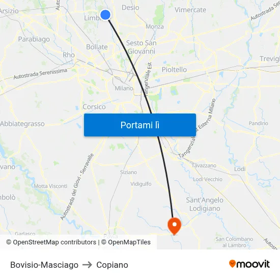 Bovisio-Masciago to Copiano map