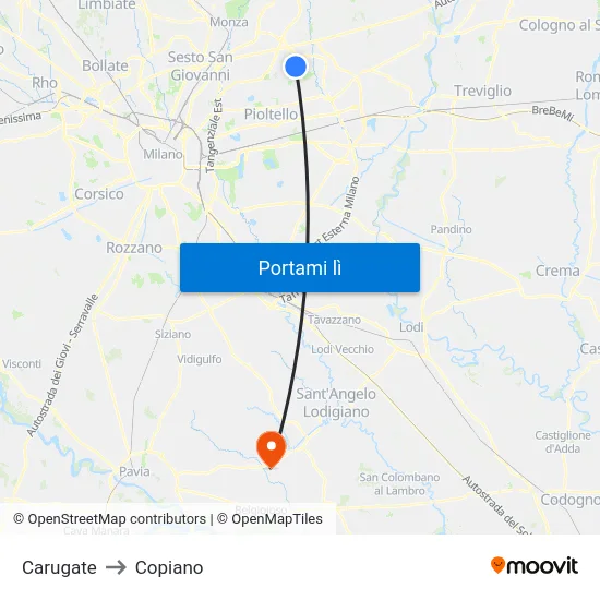 Carugate to Copiano map