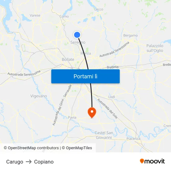 Carugo to Copiano map