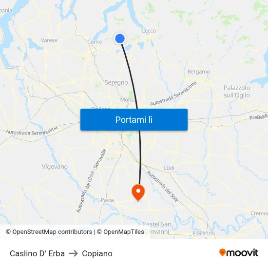 Caslino D' Erba to Copiano map