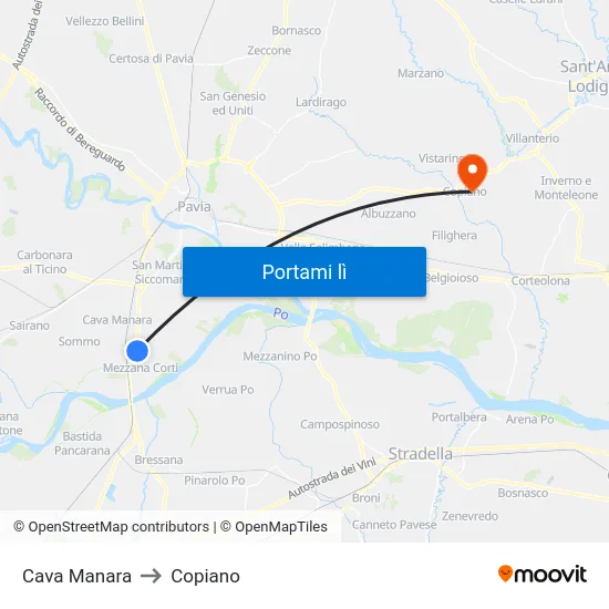 Cava Manara to Copiano map