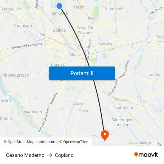 Cesano Maderno to Copiano map