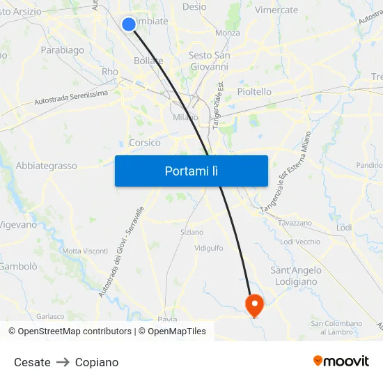 Cesate to Copiano map