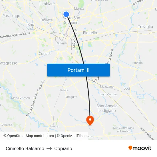 Cinisello Balsamo to Copiano map