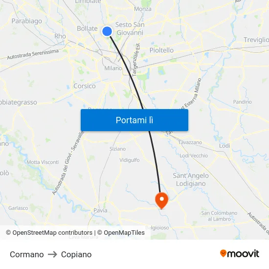 Cormano to Copiano map
