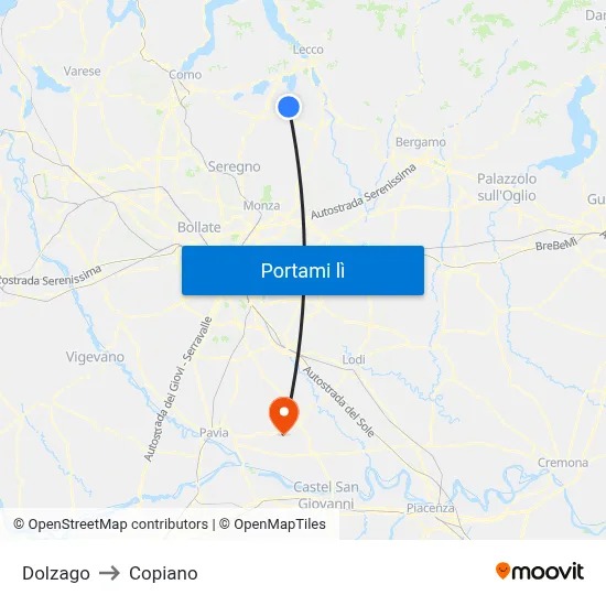 Dolzago to Copiano map