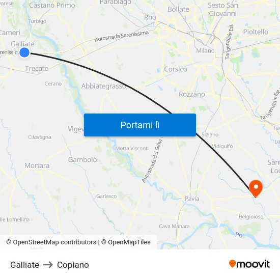 Galliate to Copiano map