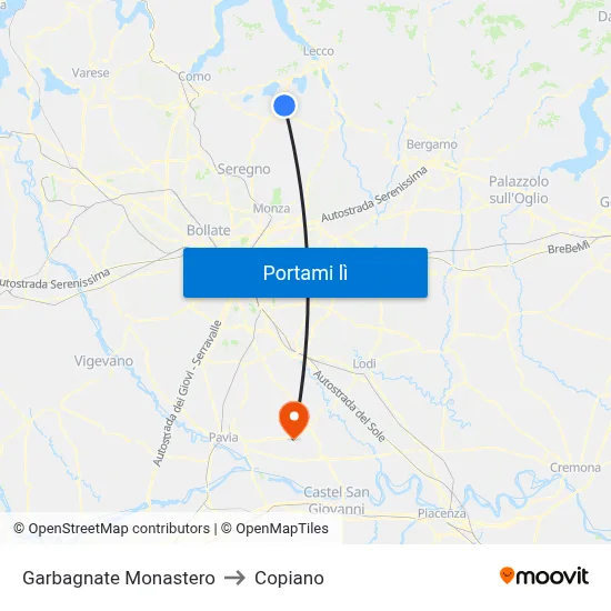 Garbagnate Monastero to Copiano map