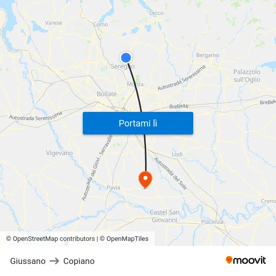 Giussano to Copiano map