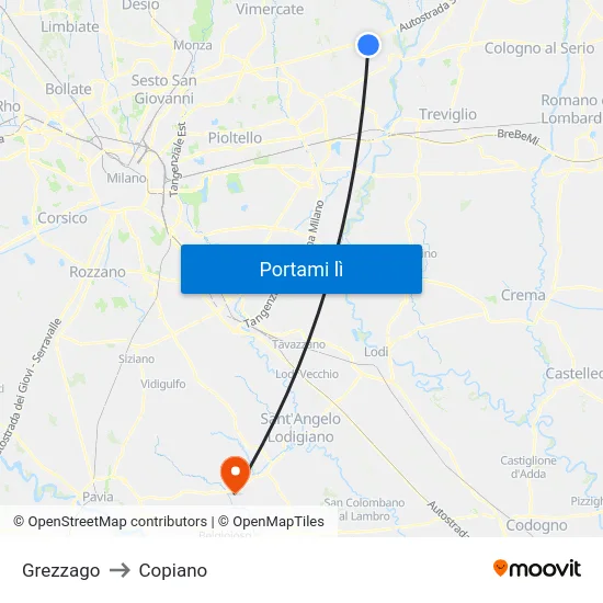 Grezzago to Copiano map